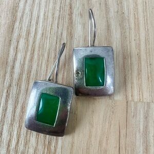 Artisan Silver box green stone dangle earrings on hooks